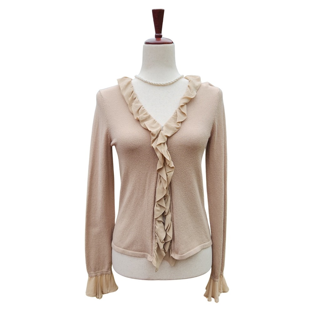 Vintage 90s Y2K Ruffle Front Blouse Size S‎ Beige Neutral Minimalist V-Neck